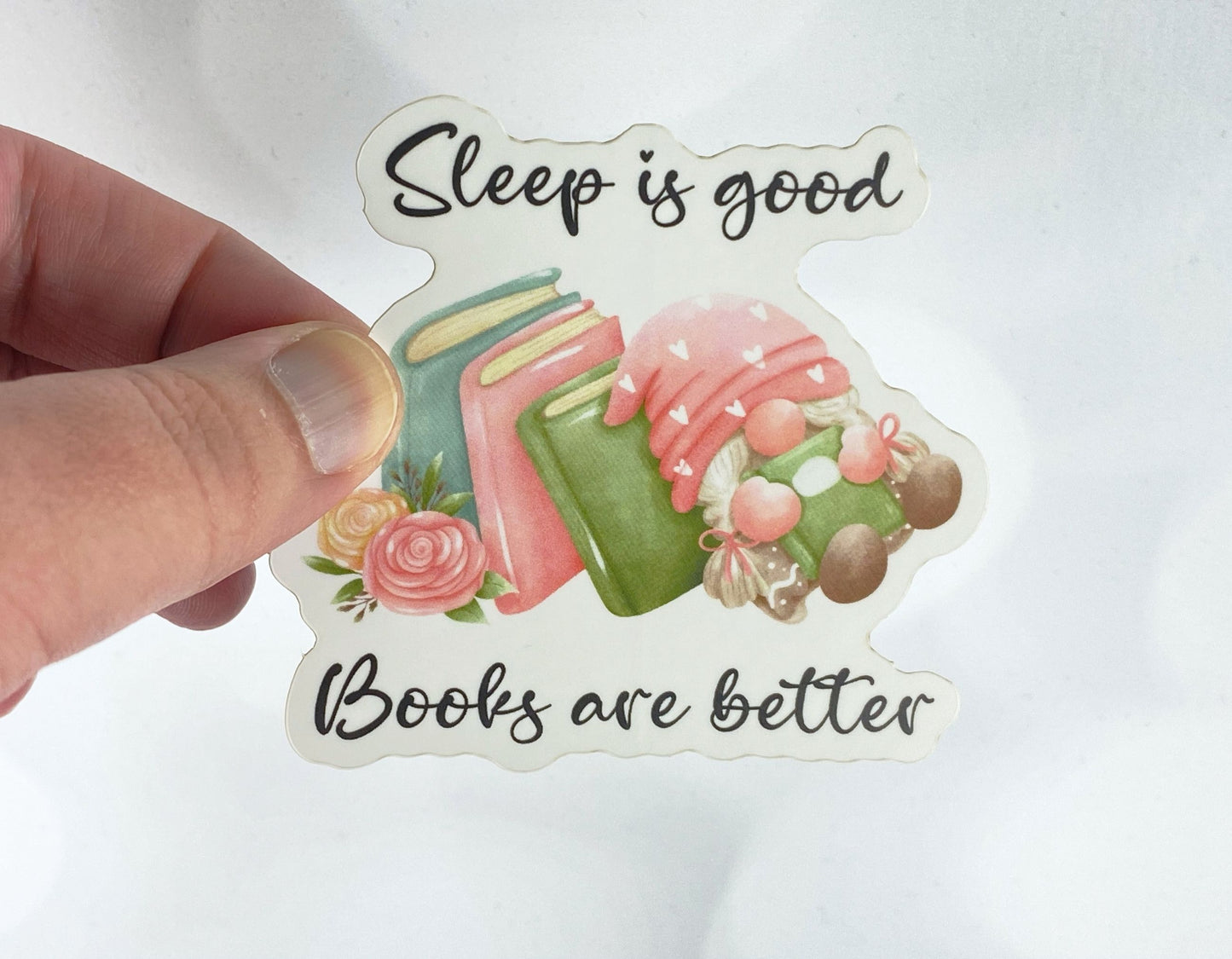 Cute Gnome Reading Sticker - Sleep is Good, Books are Better