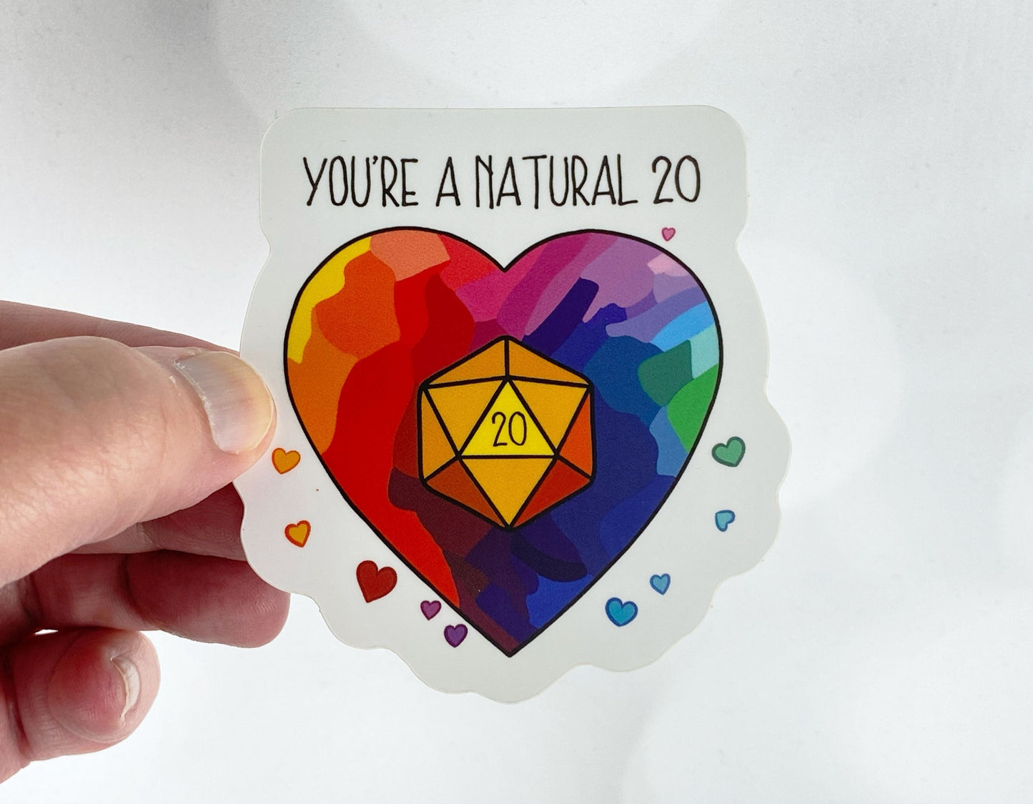 Positive Vibes TTRPG Sticker – Rainbow D20 Heart